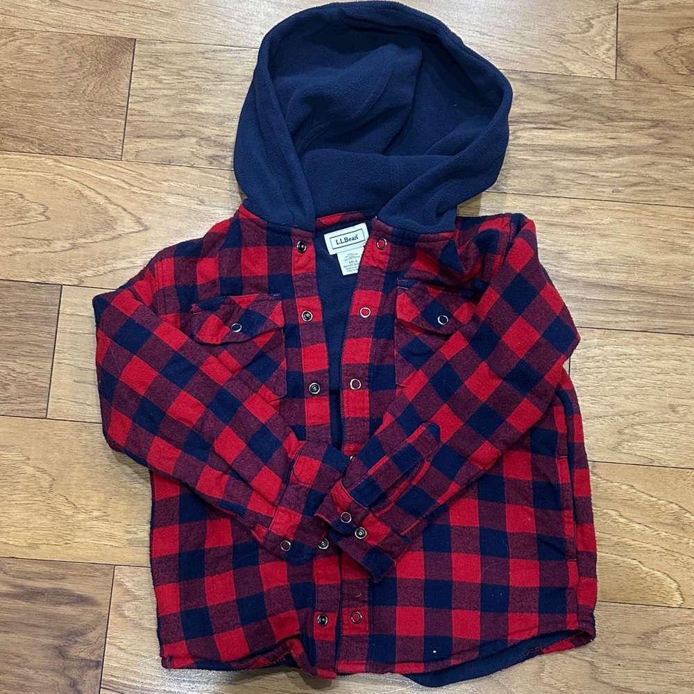 L.L. Bean Kids Plaid Hoodie in Red and Navy